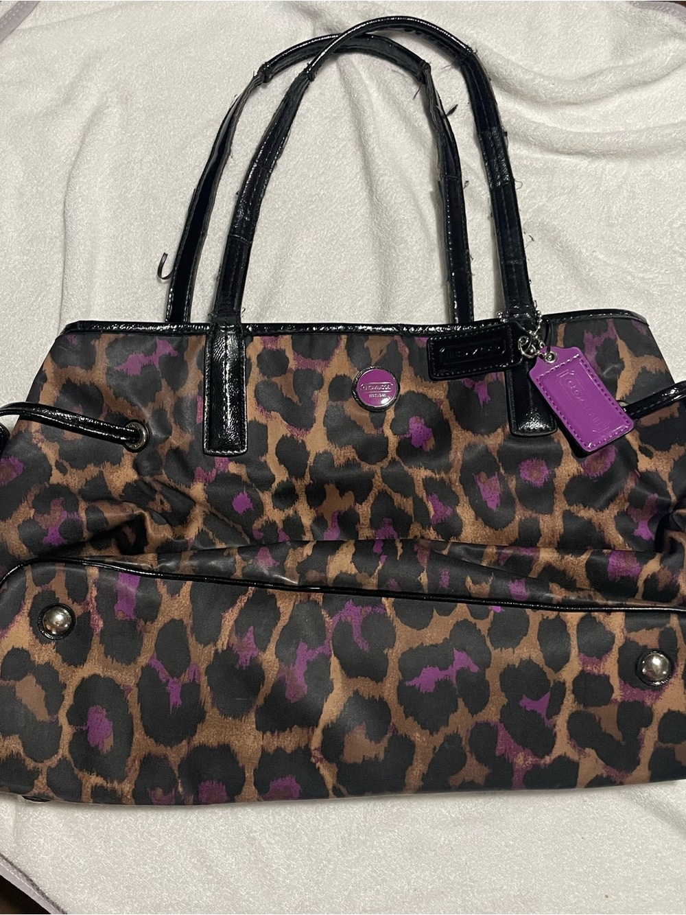 Coach Leopard-Print Brown Purple Black Tote Zip Closure Women Designer Bag - Picture 2 of 8
